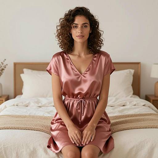 Woman in Rose-Red Satin Nightdress Sitting on Bed