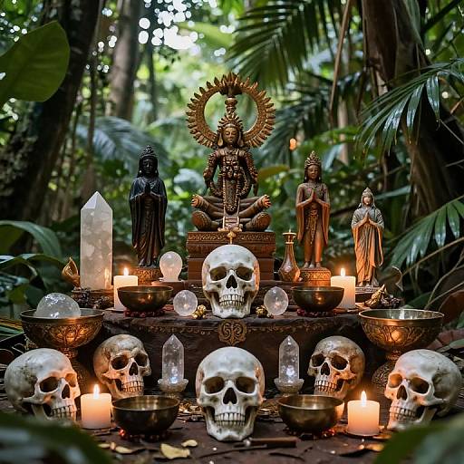Photograph of an outdoor forest altar with lit candles, human skulls, statues, a crystal, and incense, surrounded by lush greenery.
