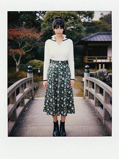 Woman on Japanese Garden Bridge in Floral Skirt
