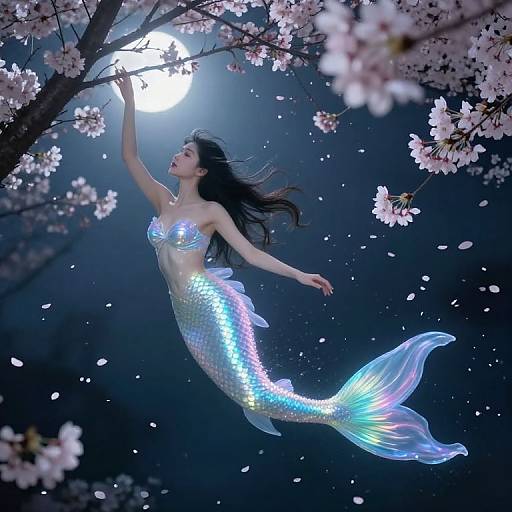 Digital fantasy artwork: mermaid with iridescent scales, long black hair, floating under moonlight, reaching for cherry blossoms, surrounded by petals