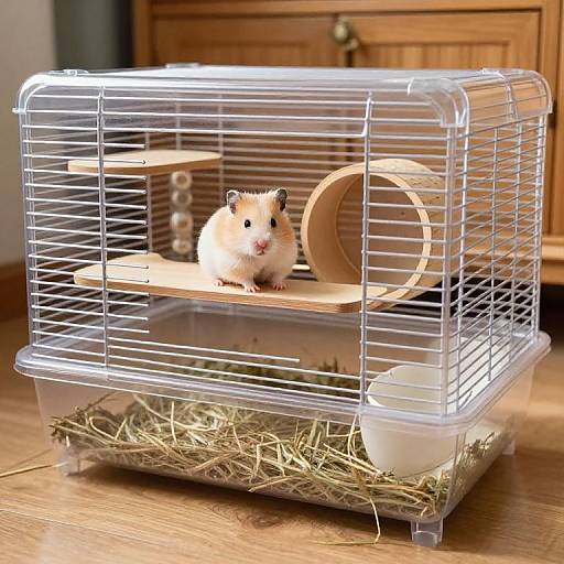 Photograph of a hamster in a clear, metal-wire cage with wooden shelves, a circular toy, hay, and a water bottle. Background