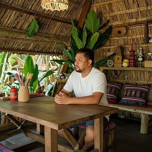 Photograph of a bearded man in a white t-shirt, sitting at a wooden table in a rustic, thatched-roof hut, surrounded by