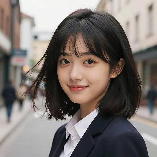 Photograph of an Asian woman with short black hair, wearing a black blazer and white shirt, smiling on a blurred city street.