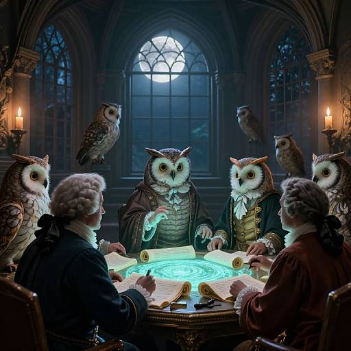 Photograph-like digital artwork of six owl-human hybrids in 18th-century attire, gathering around a glowing, illuminated table in a dimly lit,