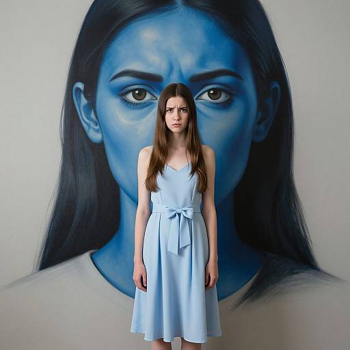 Photograph of a young woman with long brown hair, wearing a light blue, sleeveless dress, standing in front of a large, blue-tint