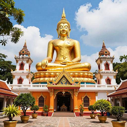 Vibrant Temple with Golden Buddha Statue