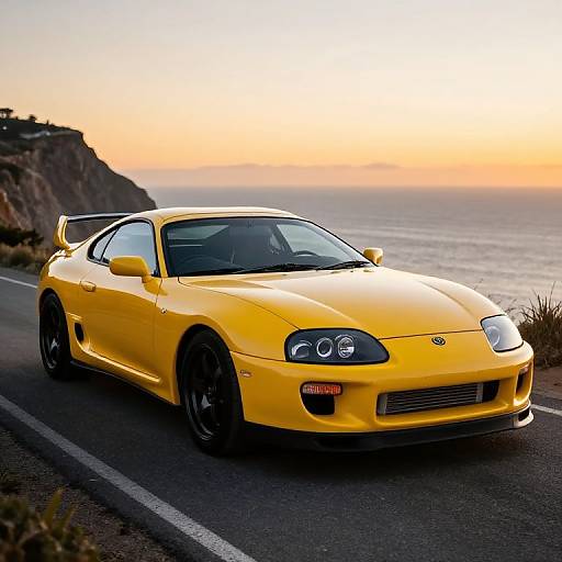 Photograph of a vibrant yellow sports car with black wheels, parked on a coastal road at sunset, overlooking the ocean.