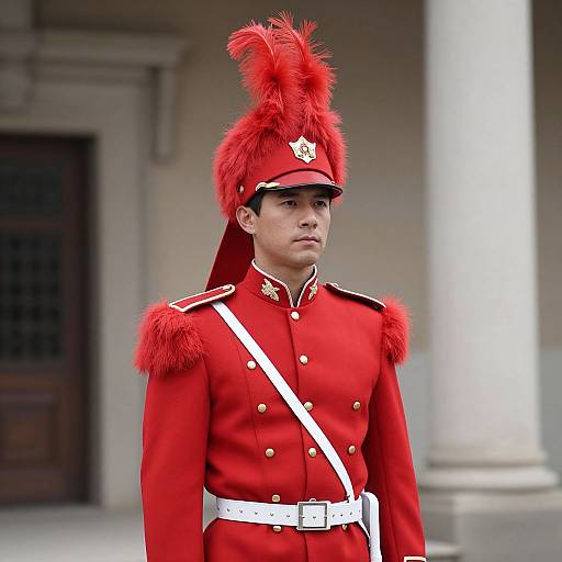 Red Guard Costume with Feathered Hat