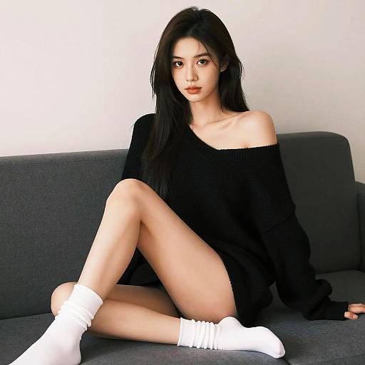 Photograph of an Asian woman with long black hair, pale skin, and red lipstick, wearing an off-shoulder black sweater and white socks,