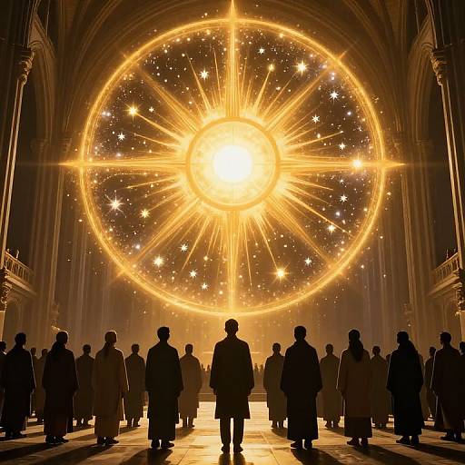 Photograph of a silhouetted crowd in a grand cathedral, gazing at a large, glowing, radiant golden sun with sparkling stars in the
