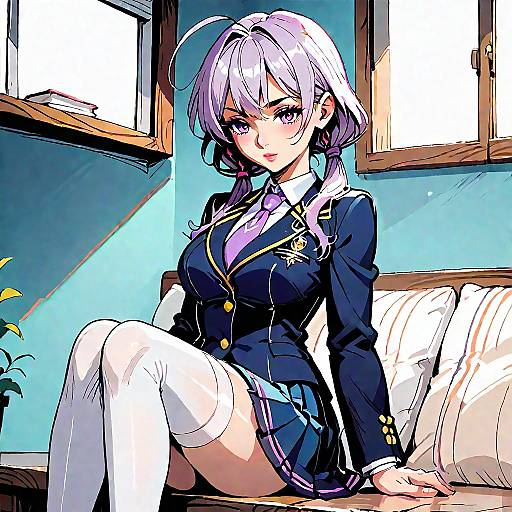 Anime-style digital drawing of a purple-haired girl in a navy school uniform, white thigh-high socks, sitting on a couch in a sunlit room.