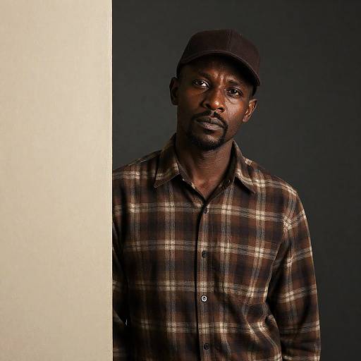Serious African American Man in Brown Plaid Shirt
