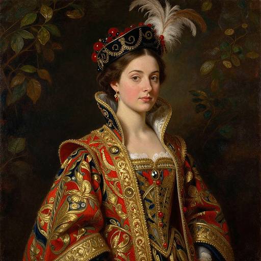 Baroque portrait of a young woman in elaborate, ornate red and gold royal attire with black and red headdress, white feather, dark background.