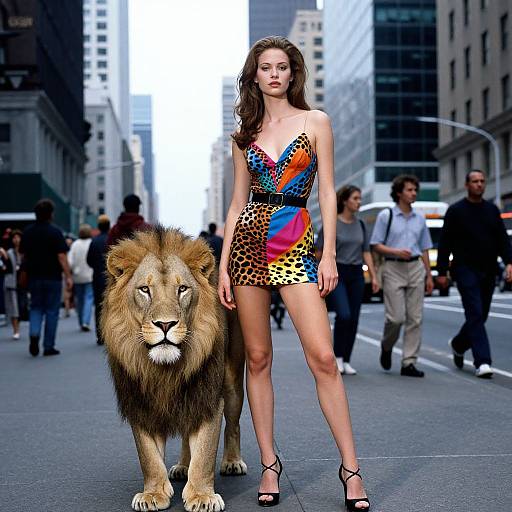 Photograph of a tall, slender woman in a colorful, geometric-patterned mini-dress and black heels, walking a large, realistic lion on a