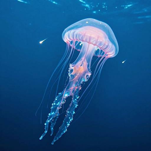Photograph of a glowing, translucent jellyfish with long, trailing tentacles against a deep blue underwater background. Bright white and blue bioluminescence