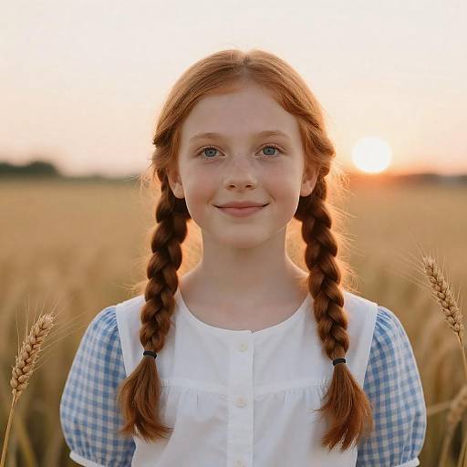 Girl with Red Braids in Wheat Fields