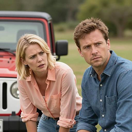 Concerned Couple Near Red Jeep Outdoors