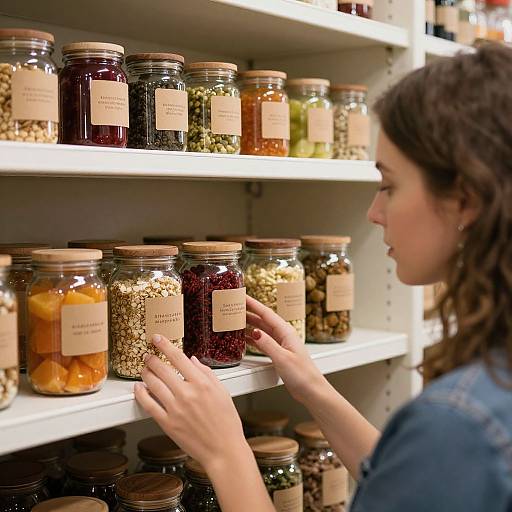Woman Inspecting Colorful Jars in Pantry