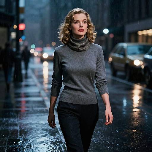 Photograph of a blonde woman with curly hair, wearing a gray turtleneck sweater and black pants, walking in a rainy urban street at night,