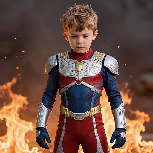 Photograph of a young boy in a superhero costume with silver armor and red-blue suit, standing in front of bright flames.