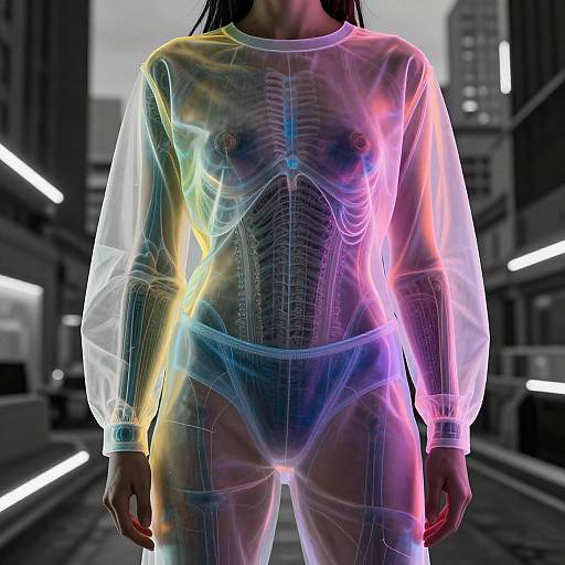 CGI image of a woman in a transparent, neon-lit shirt, revealing her nude body with visible ribs and breasts, standing in a dark,