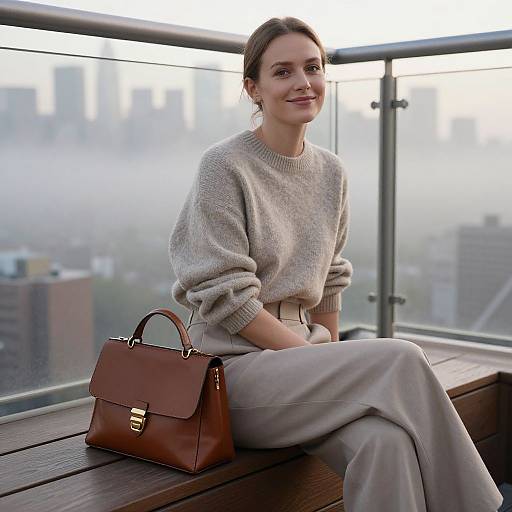 Elegant Woman on Balcony with City View