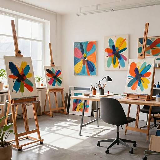 Bright studio photograph of an artist's workspace with three colorful abstract flower paintings on easels, a wooden desk, black chair, and natural light from a
