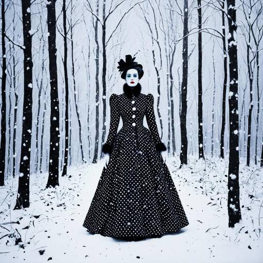 Ghostly Lady in Polkadot Dress in Snowy Forest