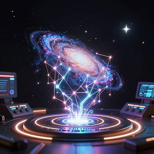 Digital art of a glowing, star-connected galaxy emerging from a futuristic control panel with neon rings and monitors in space.