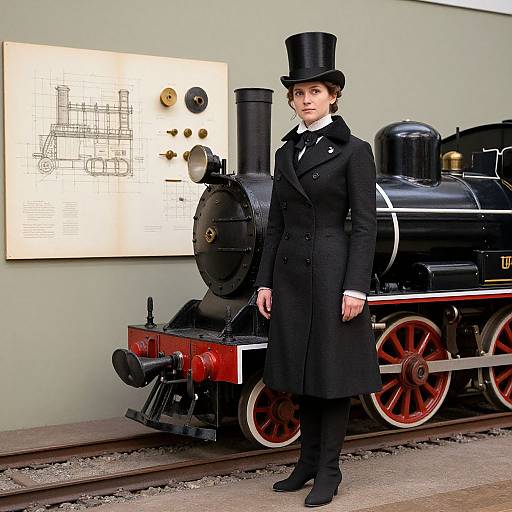 Photograph of a Victorian-era woman in black coat and top hat standing beside a vintage black steam locomotive with red wheels. Engineering diagram on pale green