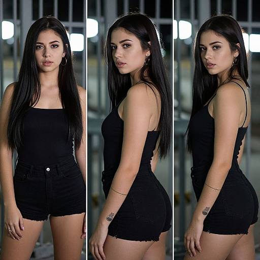 Photograph of a young woman with long black hair, wearing a black tank top and shorts, standing in front of a blurred industrial background, shown in