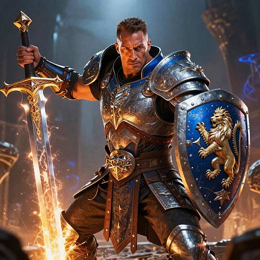 Muscular, armored warrior with fiery sword and blue shield featuring lion, crouched in dramatic, glowing battle scene. Photorealistic CGI.