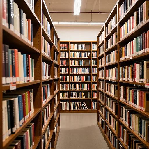 Photograph of a library aisle with tall wooden shelves filled with colorful books, leading to a brightly lit background.