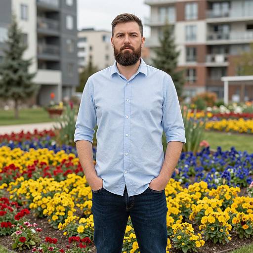 Photograph of a bearded man with brown hair, wearing a light blue button-up shirt and dark jeans, standing in front of a vibrant flower garden