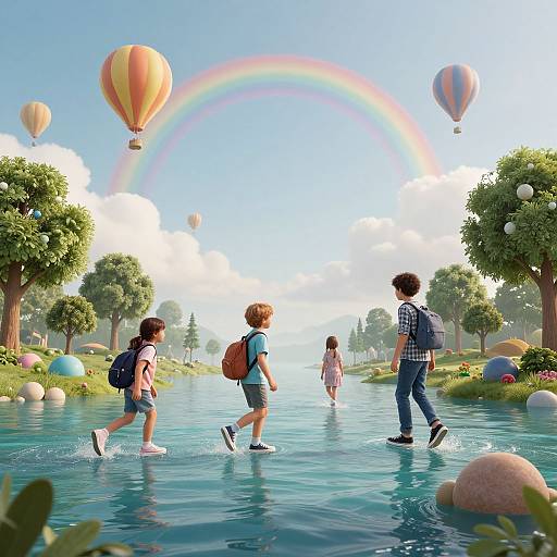 Digital illustration of four children walking through a colorful, floating-balloon-filled river, with a rainbow and clear sky, surrounded by lush trees and scattered rocks