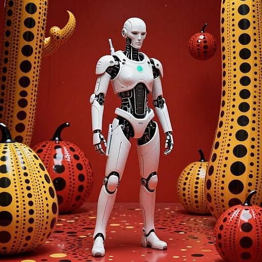 CGI image of a white, sleek humanoid robot standing in a vibrant, red background with large, yellow, polka-dotted, pumpkin-like objects