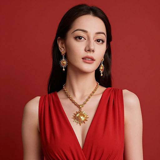 Photograph of a woman with long black hair, fair skin, and red dress, wearing gold sunburst earrings and necklace, against a red background.
