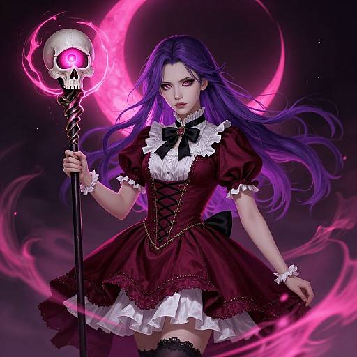 Digital anime-style artwork of a purple-haired woman in a maroon gothic dress holding a glowing skull staff, surrounded by pink magical energy.