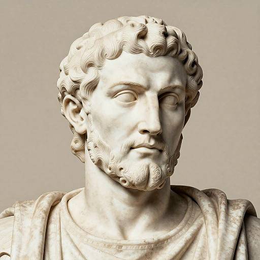 Photograph of a classical marble bust featuring a curly-haired, bearded male with a stern expression, wearing draped clothing, against a plain gray background.