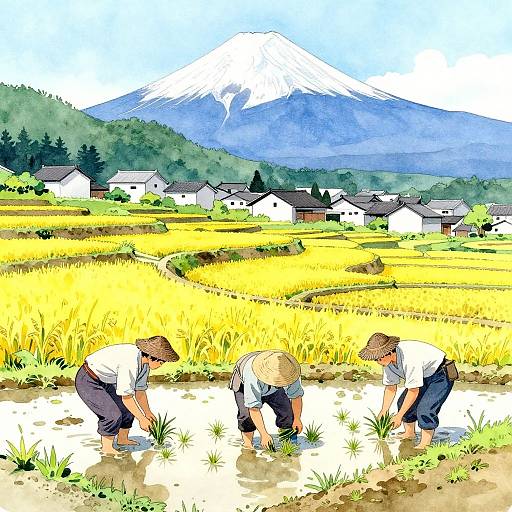 Watercolor Japanese Farmers Planting Rice
