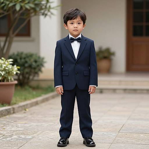 Photograph of an East Asian boy in a navy blue tuxedo, black bow tie, and polished black shoes, standing on a stone pathway in