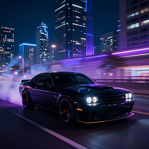 Photograph of a sleek, black Nissan Skyline GT-R speeding through a neon-lit, futuristic cityscape at night, with vibrant blue and purple