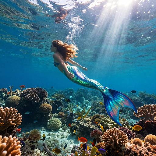 Photograph of a shimmering mermaid with a blue and green scales tail, swimming underwater amidst a vibrant coral reef with colorful fish, sunlight filtering through