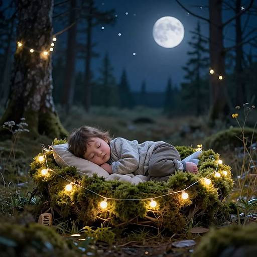 Photograph: Sleeping child in white pajamas, surrounded by moss and fairy lights, under a full moon in a dark forest.