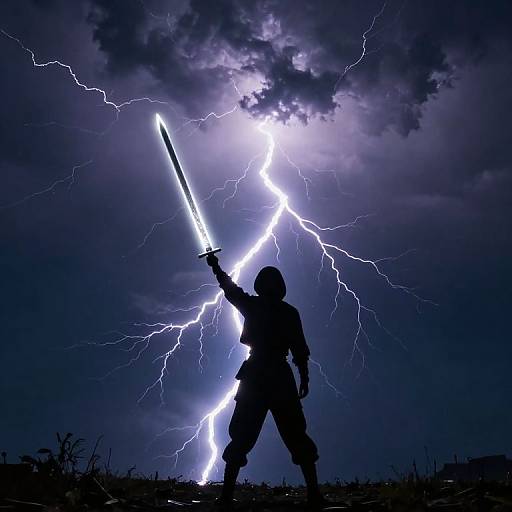 Silhouetted warrior holding glowing sword against electrifying, lightning-filled dark sky, with jagged white bolts illuminating ominous clouds. Dynamic, dramatic