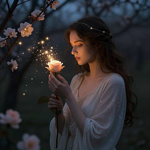 Photograph of a fair-skinned, brunette woman in a sheer white dress, holding a glowing sparkler flower against a twilight garden with blooming cherry