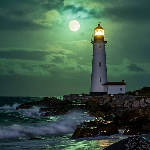 Lighthouse Beneath Green Moon Glow