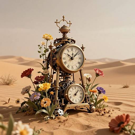 Victorian-style clock with flowers in desert, sunlight casting shadows, ornate design, two clocks, dunes in background, warm tones.