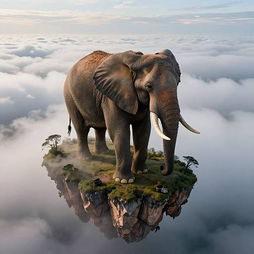 Digital artwork of a majestic, large African elephant with tusks standing on a small, rocky, grassy island amidst fluffy clouds.