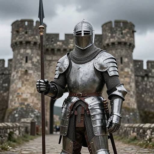 Photograph of a medieval knight in shiny silver armor with a helmet and visor, holding a spear, standing before a stone castle with crenell